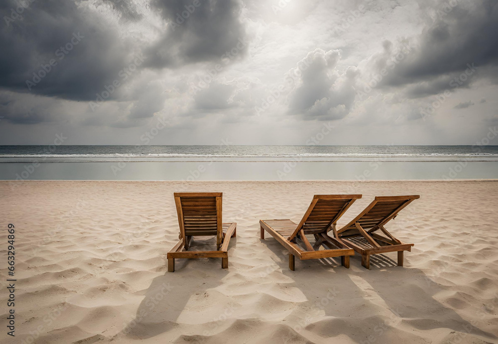 Idyllic Seashore Retreat, 
Lounge Chairs by the Sea, 
Sandy Beachfront Relaxation