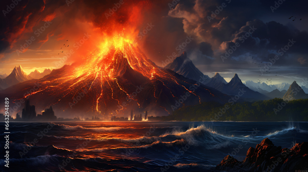 Volcano eruption sea