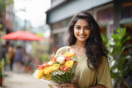 Young beautiful woman holding a bouquet of flowers in her hand. © PRASANNAPIX