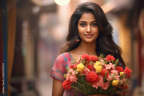 Young beautiful woman holding a bouquet of flowers in her hand. © PRASANNAPIX