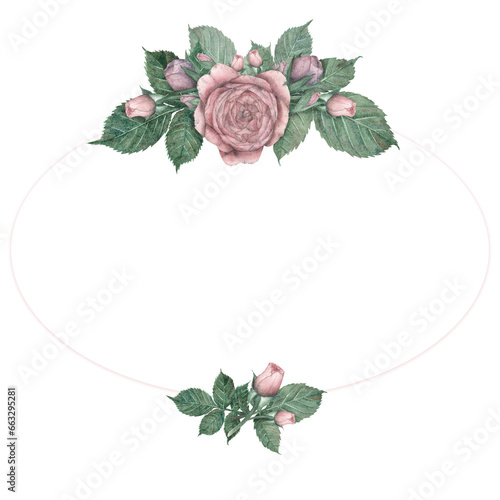 Watercolor oval frame with a composition of pink roses and green leaves in vintage style  highlighted on a white background. Leaves  bud  flower. Watercolor illustration. Template for the design