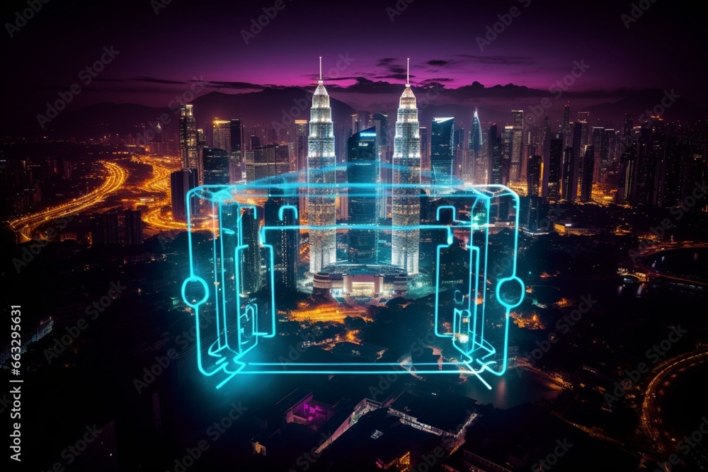 Fototapeta premium Glowing padlock hologram, nighttime aerial photo of Kuala Lumpur representing cyber security barriers defending KL enterprises. Generative AI