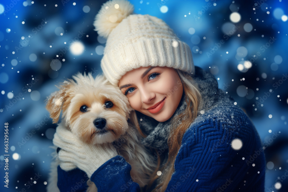portrait of a smiling happy girl with dog in snowy winter portrait of a smiling happy girl with dog in snowy winter