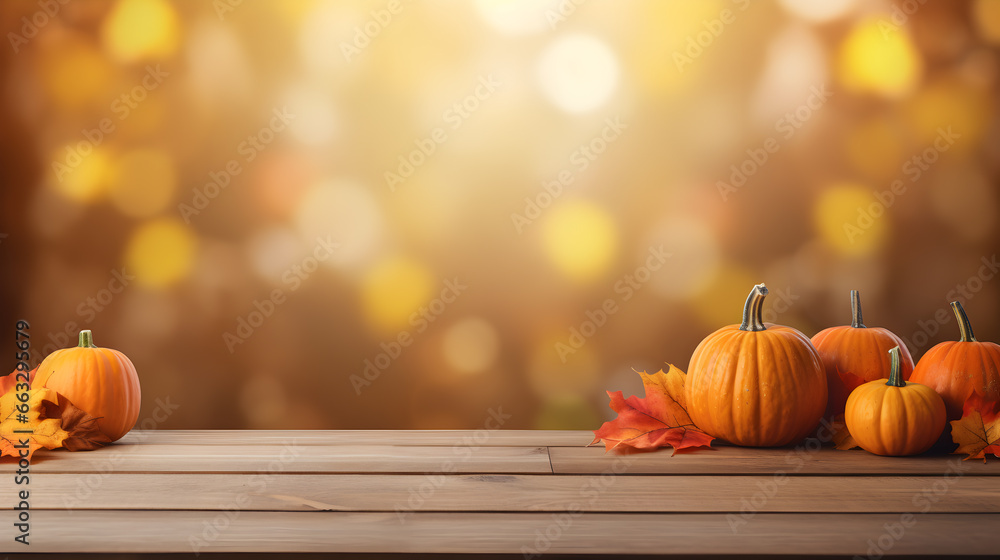 Autumn background with pumpkins and leaves with bokeh on wooden floor, Thanksgiving background theme Autumn background with pumpkins and leaves with bokeh on wooden floor, Thanksgiving background theme