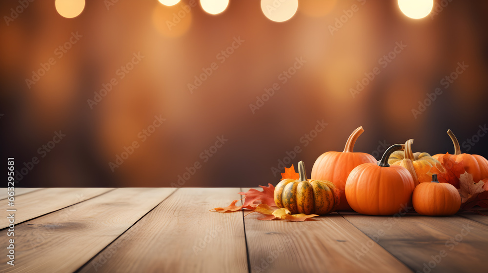 Autumn background with pumpkins and leaves with bokeh on wooden floor, Thanksgiving background theme - obrazy, fototapety, plakaty 