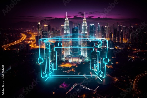 Glowing padlock hologram, nighttime aerial photo of Kuala Lumpur representing cyber security barriers defending KL enterprises. Generative AI
