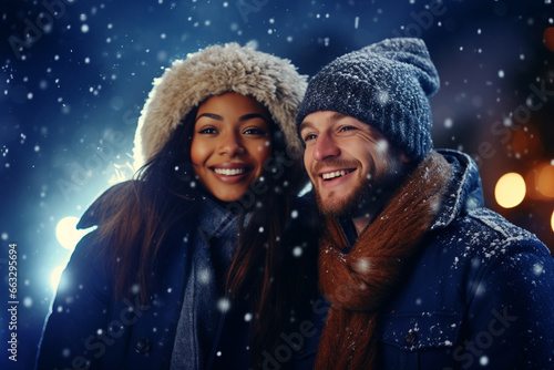 happy couple in snowy winter