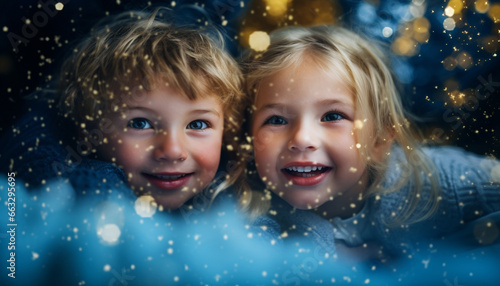 happy smiling children enjoying winter and catching snowflakes on snowy background outdoors