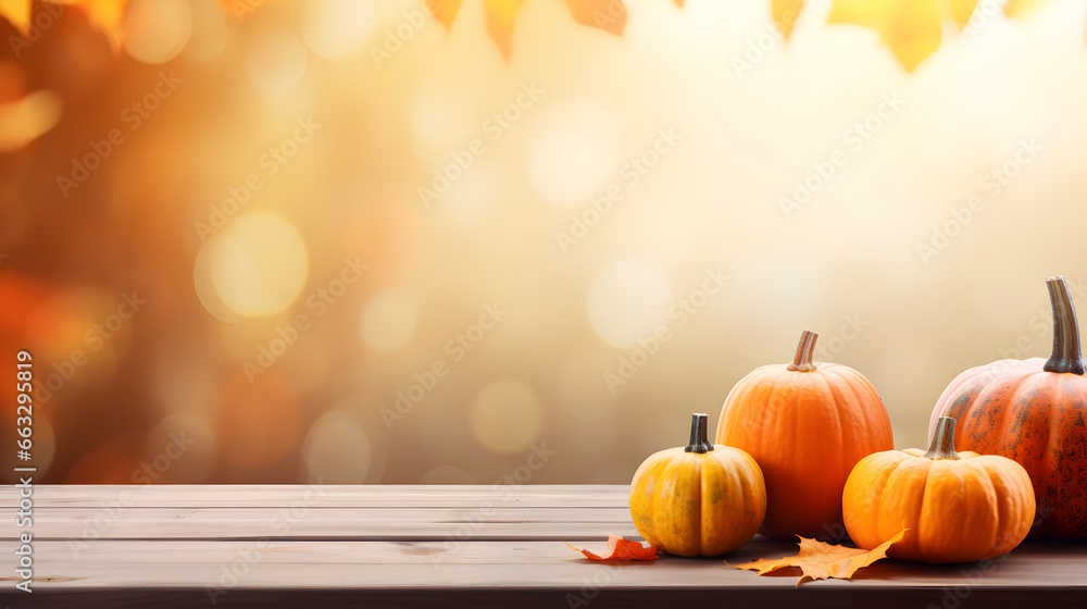Autumn background with pumpkins and leaves with bokeh on wooden floor, Thanksgiving background theme Autumn background with pumpkins and leaves with bokeh on wooden floor, Thanksgiving background theme
