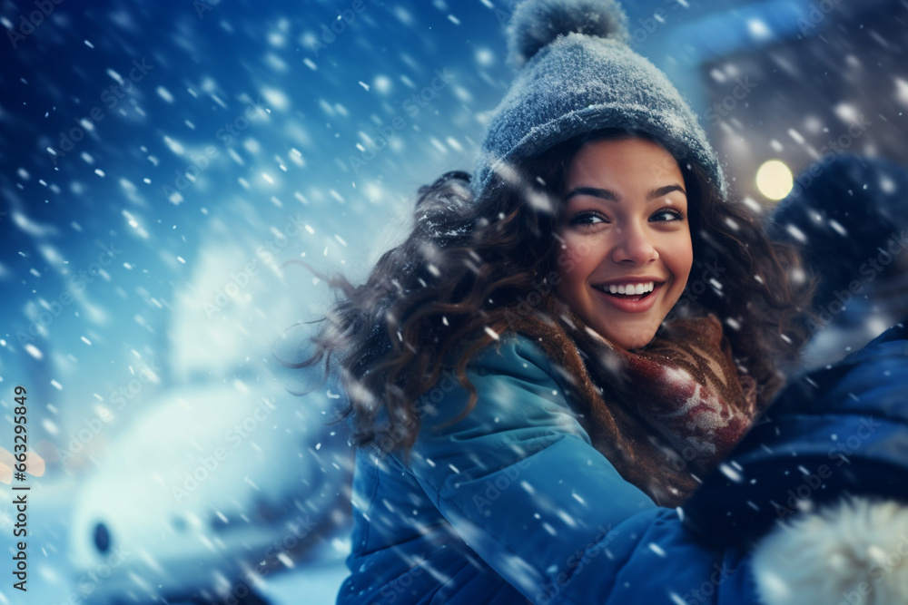 portrait of a beautiful smiling happy girl in snowy winter portrait of a beautiful smiling happy girl in snowy winter