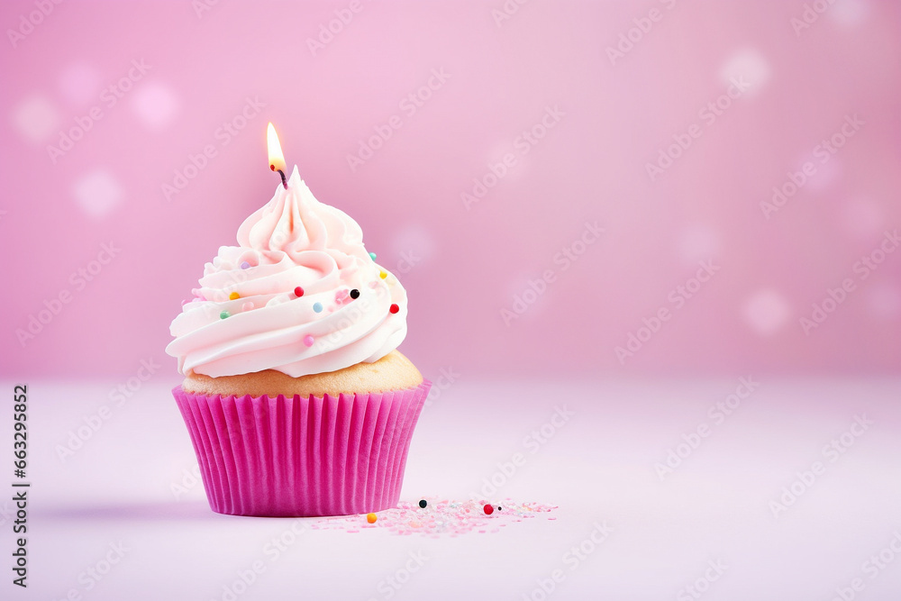 Cupcake birthday cake with candle on pastel pink background Cupcake birthday cake with candle on pastel pink background