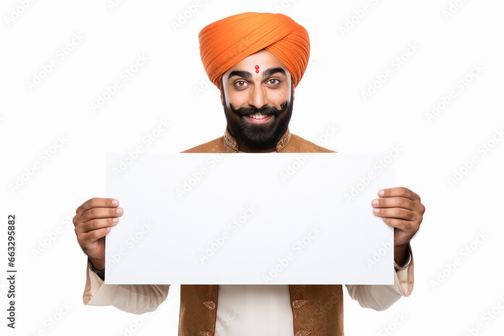 Indian man showing empty board on white background. Indian man showing empty board on white background.