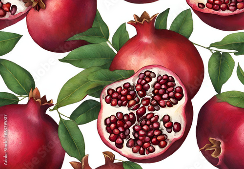 pomegranate fruits and leaves, pomegranate fruit and leaves