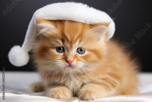 Close up portrait of red cute cat in Christmas Santa Claus hat on dark black background.