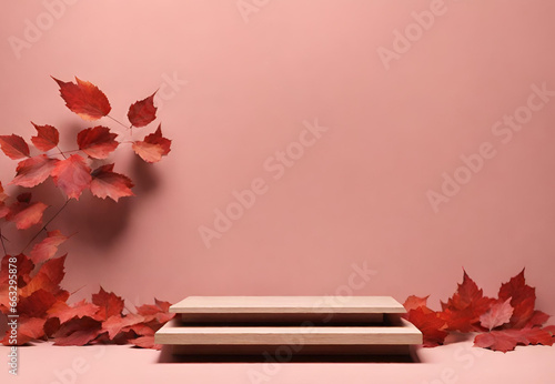 Leaf Covered Wooden Stands, 
Autumnal Presentation Setting, 
Wooden Platforms with Fall Decor, 
Outdoor Podiums in Autumn