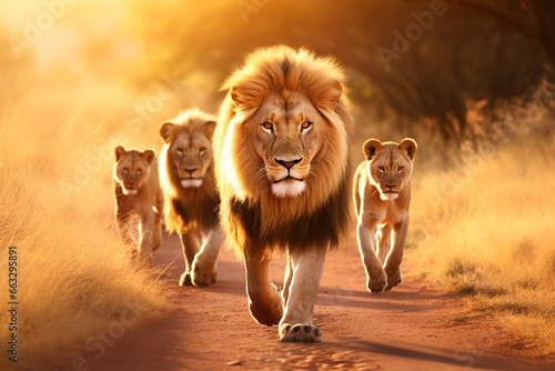 Group of lions walks through Africa photo
