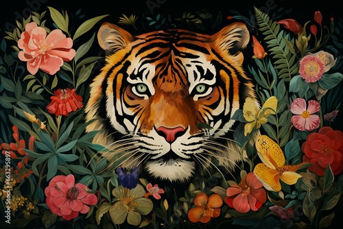 An illustrated tiger amidst lush flora. Generative AI