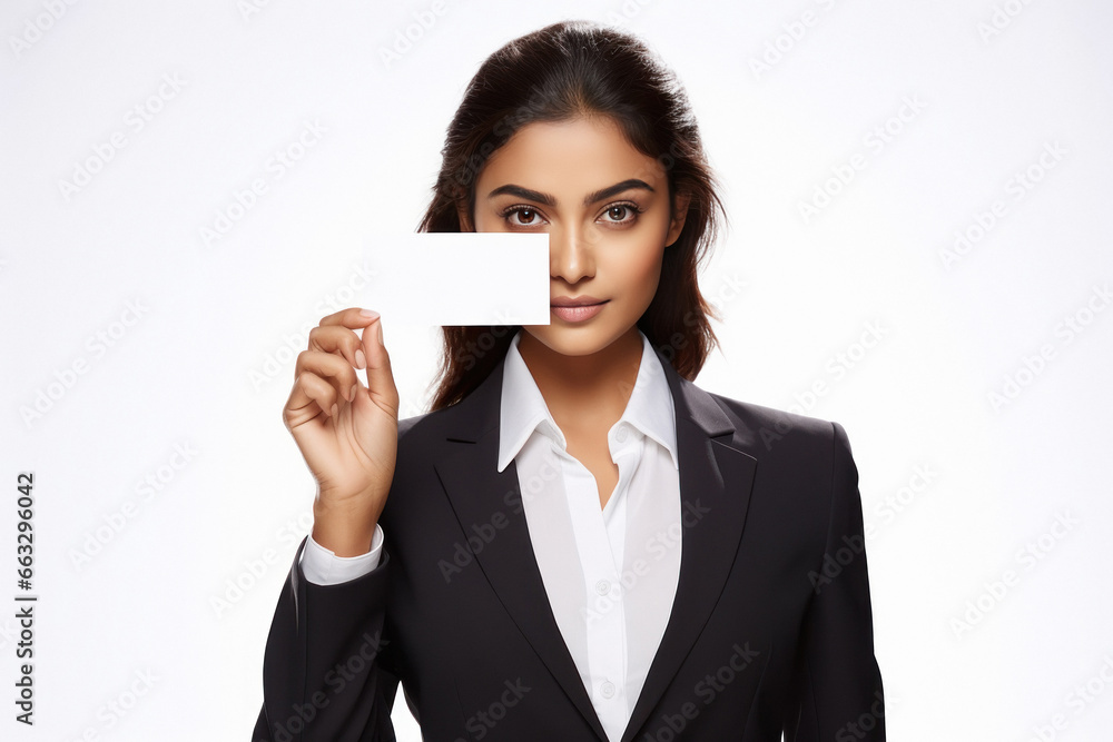 Indian businesswoman or corporate employee showing card Indian businesswoman or corporate employee showing card