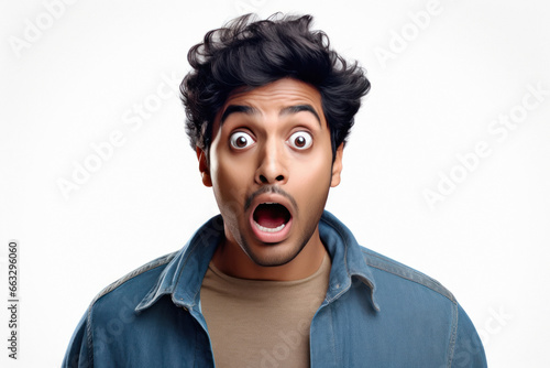 Indian man giving shocking expression on white background.