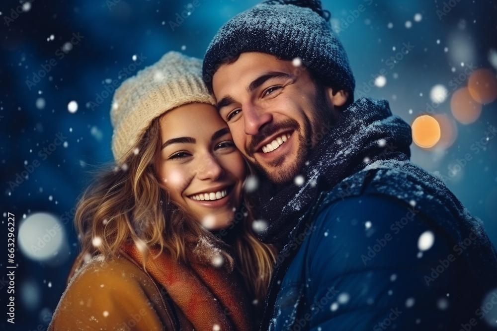 happy couple in snowy winter happy couple in snowy winter