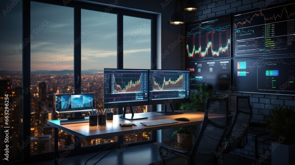 minimalist hi tech office with computers with stock market data on screens minimalist hi tech office with computers with stock market data on screens