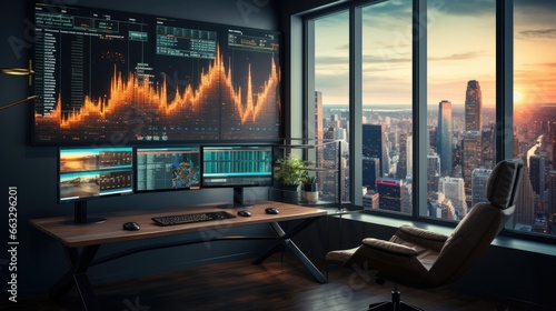 minimalist hi tech office with computers with stock market data on screens 