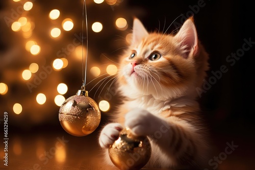 Portrait of red cute kitty cat sitting on the floor and playing with Christmas tree toy balls.