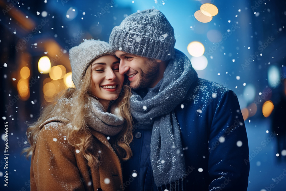 happy couple in snowy winter happy couple in snowy winter