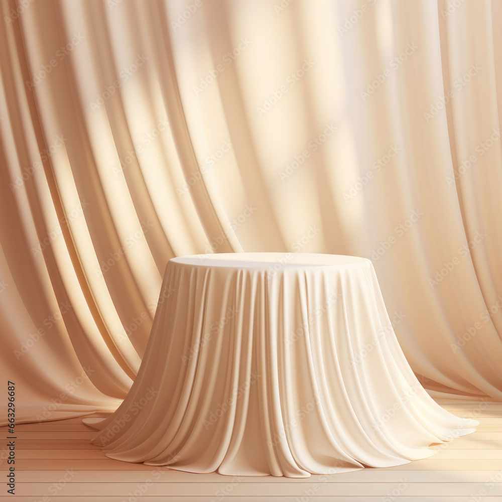 Empty podium covered with silk cloth. Fabric drapery folds on stage for display product.