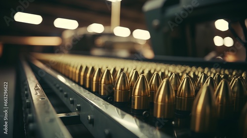 Bullet shells of different sizes for military ammunition production and storage. The brass bullet shells for ammo manufacturing. Military weaponry and ammunition. Factory line with weapon cartridges. photo