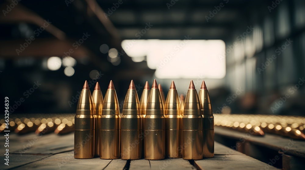 Bullet shells of different sizes for military ammunition production and storage. The brass bullet shells for ammo manufacturing. Military weaponry and ammunition. Factory line with weapon cartridges. - obrazy, fototapety, plakaty 