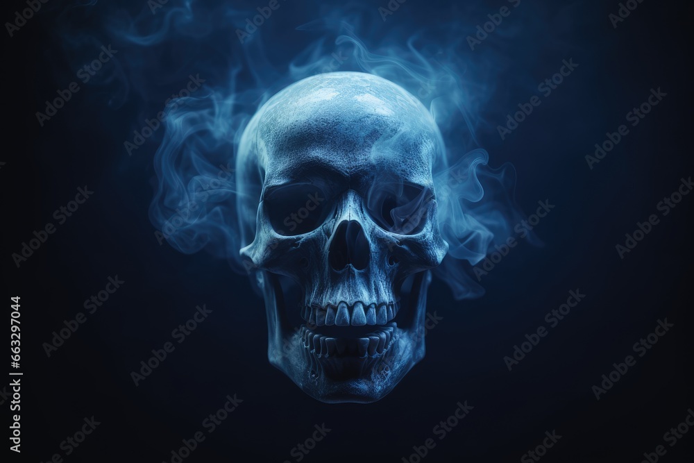 Skull with smoke on dark background. Halloween concept. Created with Generative AI tools Skull with smoke on dark background. Halloween concept. Created with Generative AI tools
