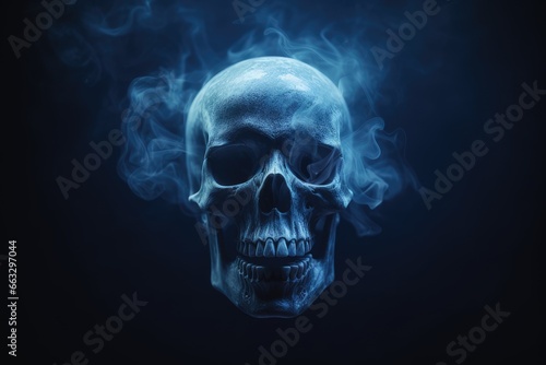 Skull with smoke on dark background. Halloween concept. Created with Generative AI tools