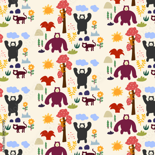 Fototapeta Naklejka Na Ścianę i Meble -  Cute hand drawn animals Seamless pattern. for fabric, print, textile and wallpaper