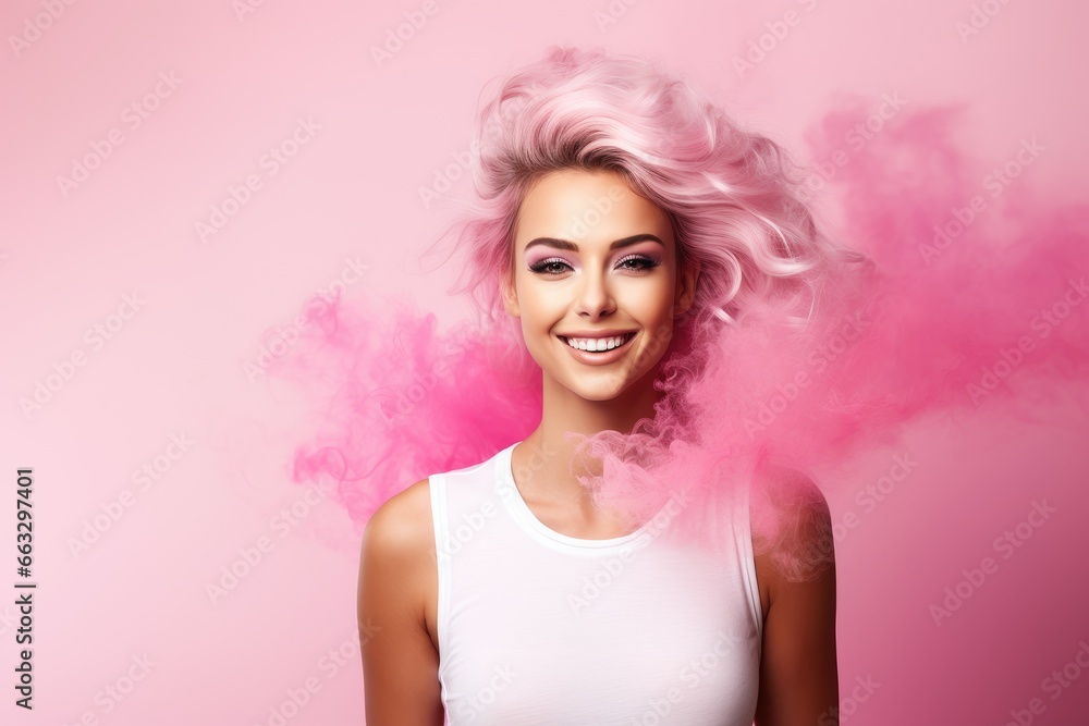 Beautiful woman with pink hair and smoke on a pink background. Created with Generative AI tools