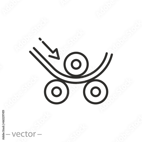 bending steel pipe on industrial machine, hydraulic bend tube, thin line symbol on white background - editable stroke vector illustration eps10