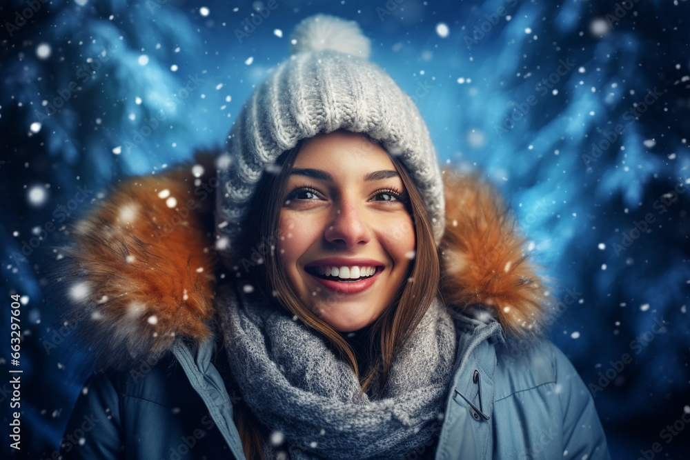 portrait of a smiling happy girl in snowy winter portrait of a smiling happy girl in snowy winter