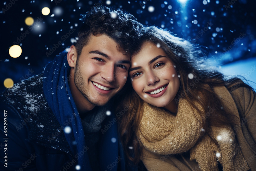 happy couple in snowy winter happy couple in snowy winter