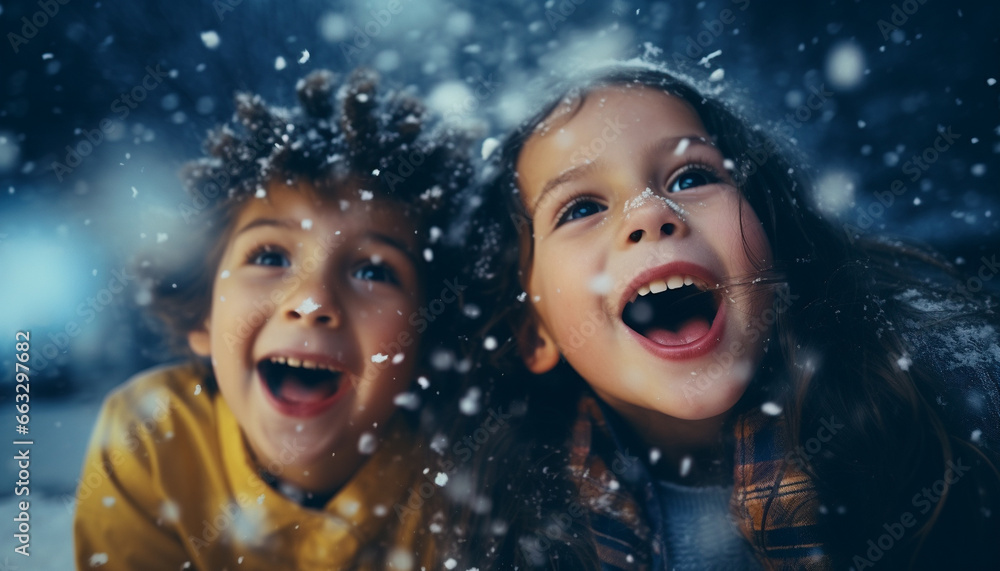 happy smiling children enjoying winter and catching snowflakes on snowy background outdoors happy smiling children enjoying winter and catching snowflakes on snowy background outdoors