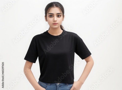 Portrait of a girl wearing a black t-shirt on a white background