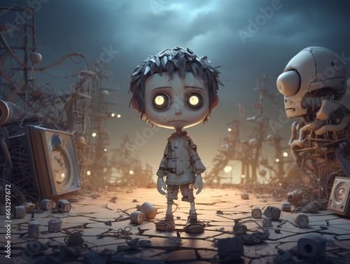 Cute 3D robot zombie character with glowing eyes surrounded by haunted city buildings created with Generative AI
