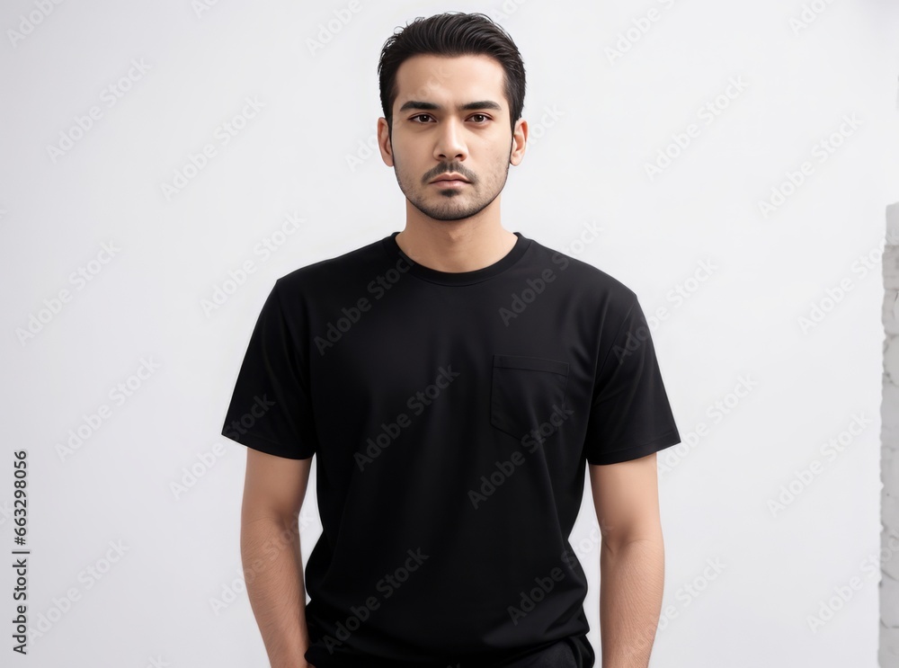 Fototapeta premium A man wearing a black t-shirt on a white background