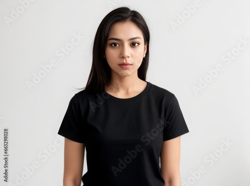 Portrait of a girl wearing a black t-shirt on a white background