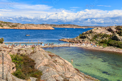 View of Pärlane beach on Malmön with people enjoying beach life a warm summer day in July