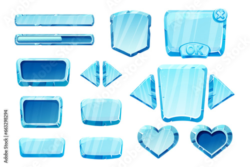 Set game menu assets ice buttons, interface elements 2d in cartoon style isolated. Blocks, shapes frozen gui panels, sliders, arrows.