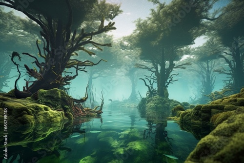 A surreal underwater scene with drowned trees and algae in clear water, depicting marine ecology. Generative AI