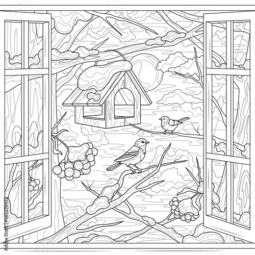 Birds outside the window in winter.Coloring book antistress for children and adults.