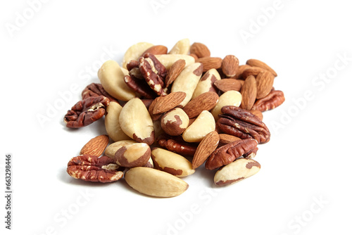 Mixed nuts isolated on white background. Nutty variety with almonds, Brazil nuts, and pecans