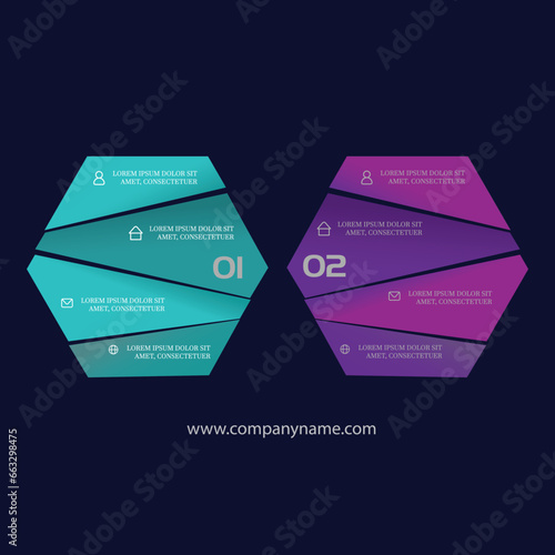 Illustration infographic template with motif of green octagon randomly divided to four sections with simple signs. Blurred photo with crossroad in the city is used as background.