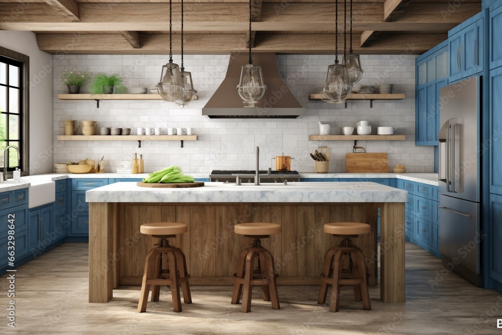 3D rendering of a rustic kitchen with blue accents, marble backsplash, island, vintage stools, and a closeup view. Generative AI